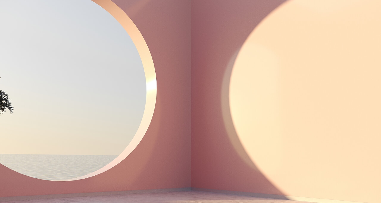 Pared moderna con ventana circular que deja pasar la luz